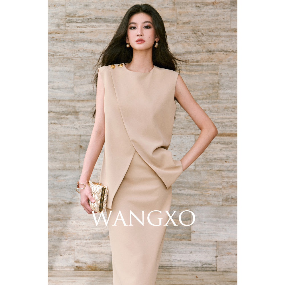 WANGXO Imported twisted drape fabric Elegant commuting slanted placket with pleated slit vest half skirt set image 20