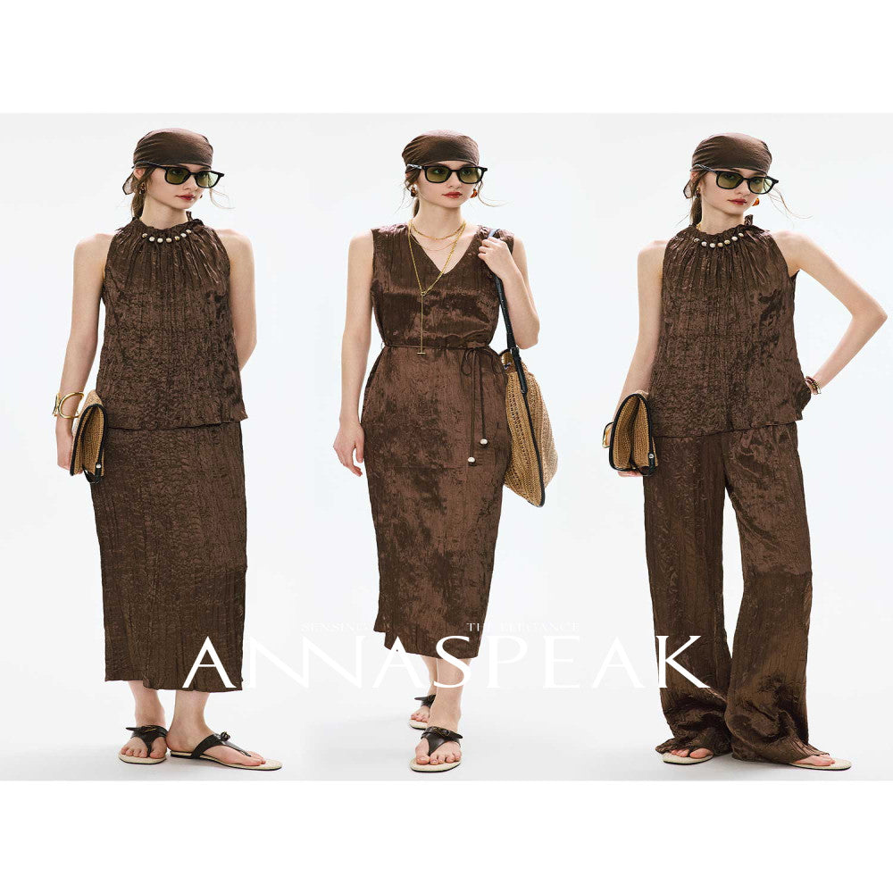 In stock ANNASPEAK Miyake Style Eastman Acetate Waterfall Fold Half Skirt Dress Slimming Four Piece Set image 148
