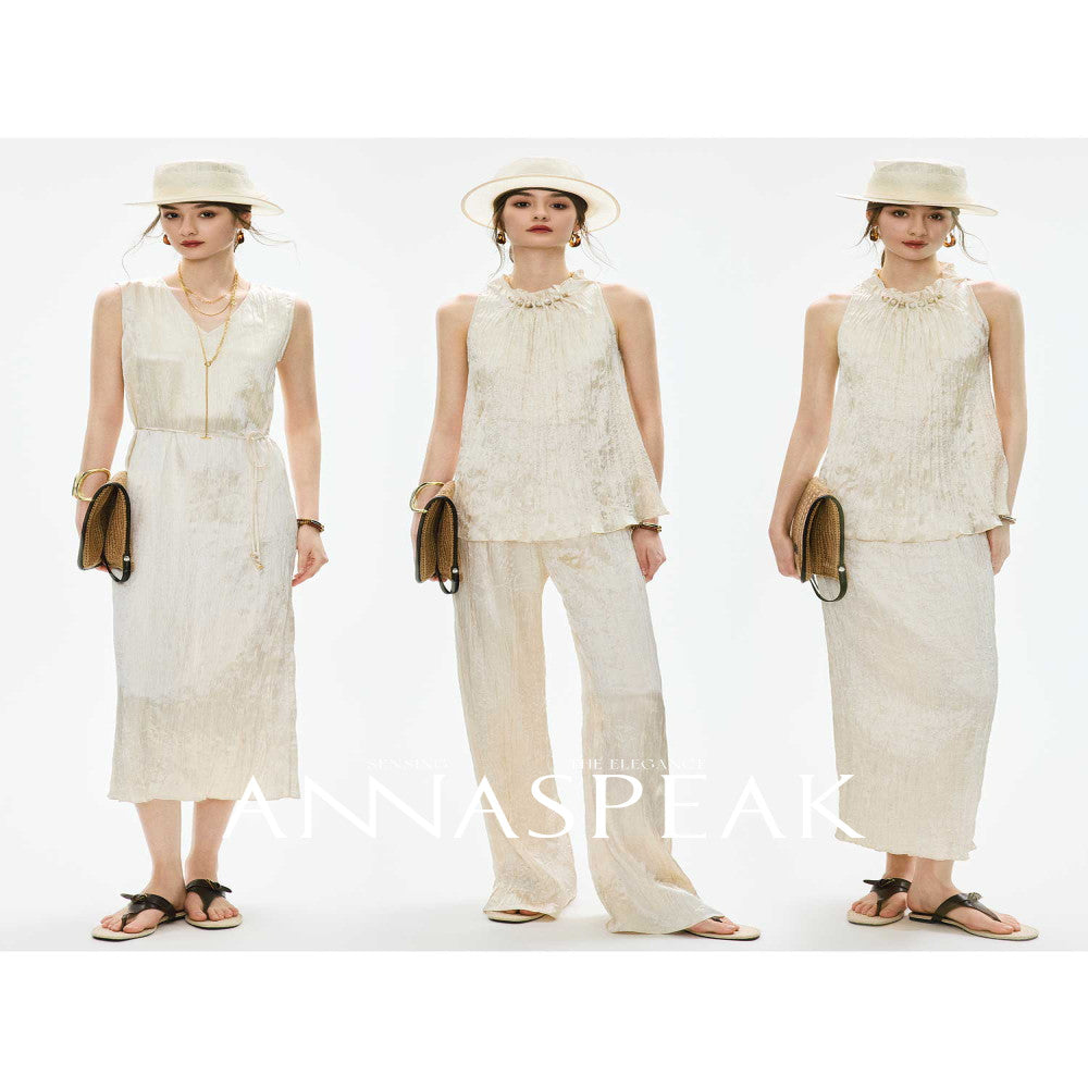 In stock ANNASPEAK Miyake Style Eastman Acetate Waterfall Fold Half Skirt Dress Slimming Four Piece Set image 149