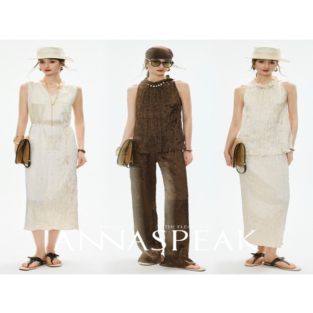 In stock ANNASPEAK Miyake Style Eastman Acetate Waterfall Fold Half Skirt Dress Slimming Four Piece Set image 0