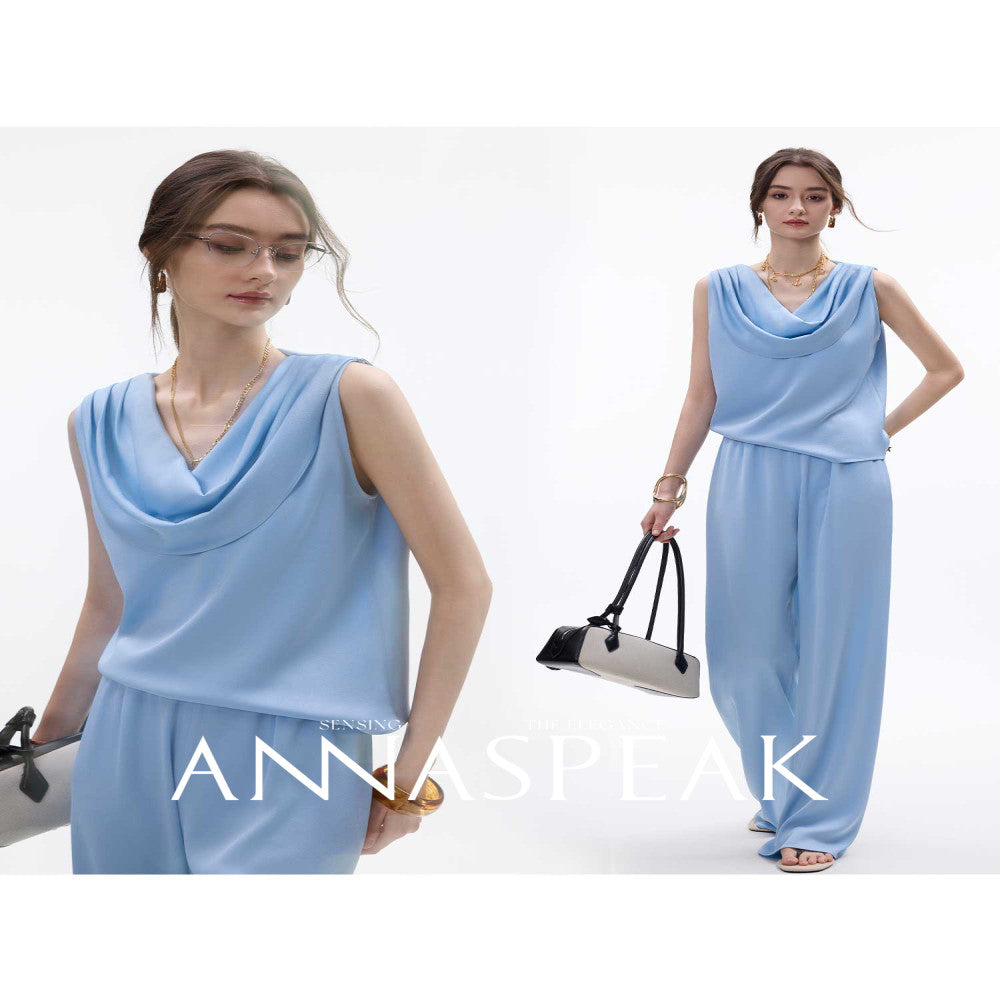 In stock ANNASPEAK front and back two in one acetate hanging collar sleeveless top wide leg air pants set image 2