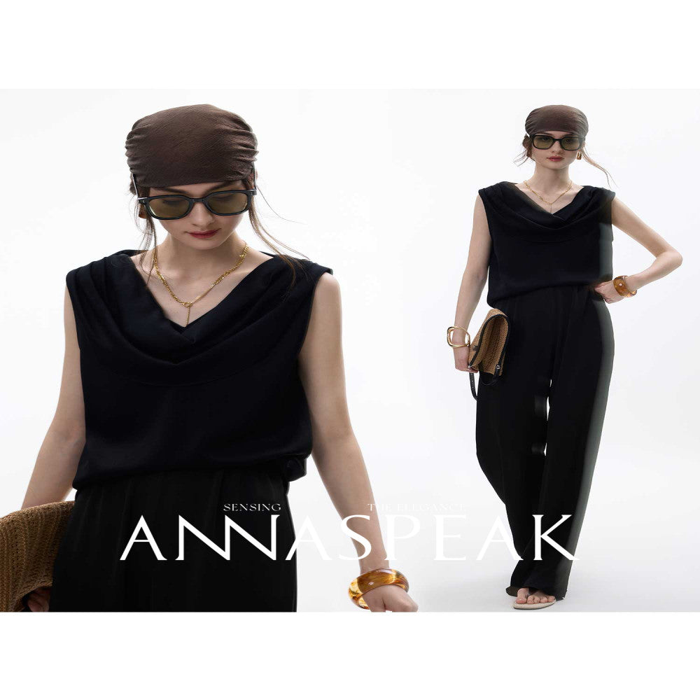 In stock ANNASPEAK front and back two in one acetate hanging collar sleeveless top wide leg air pants set image 3