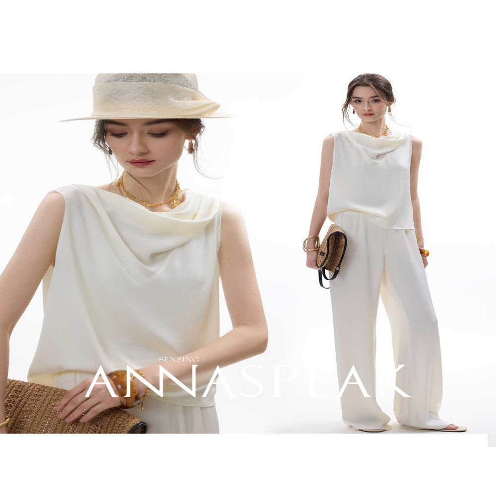 In stock ANNASPEAK front and back two in one acetate hanging collar sleeveless top wide leg air pants set image 4