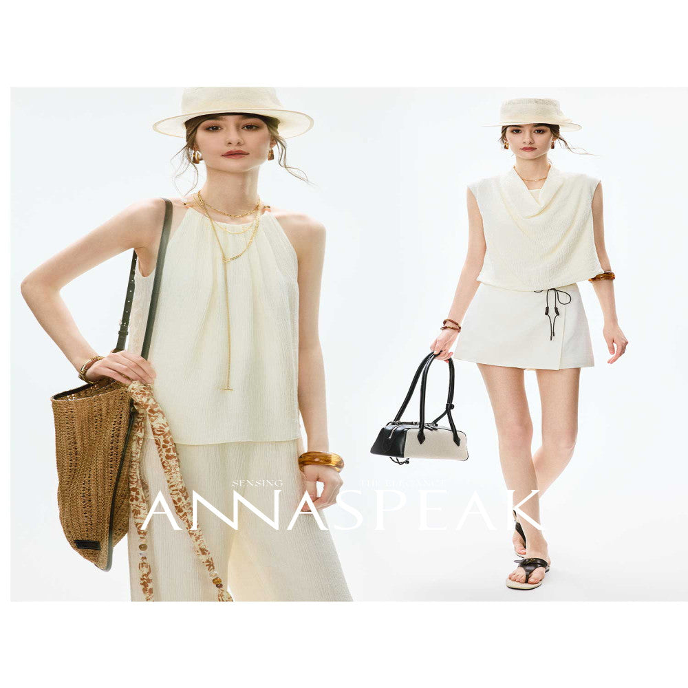 In stock ANNASPEAK lazy and casual TENCEL Lyocell collar top organ pleated suspender pants image 86