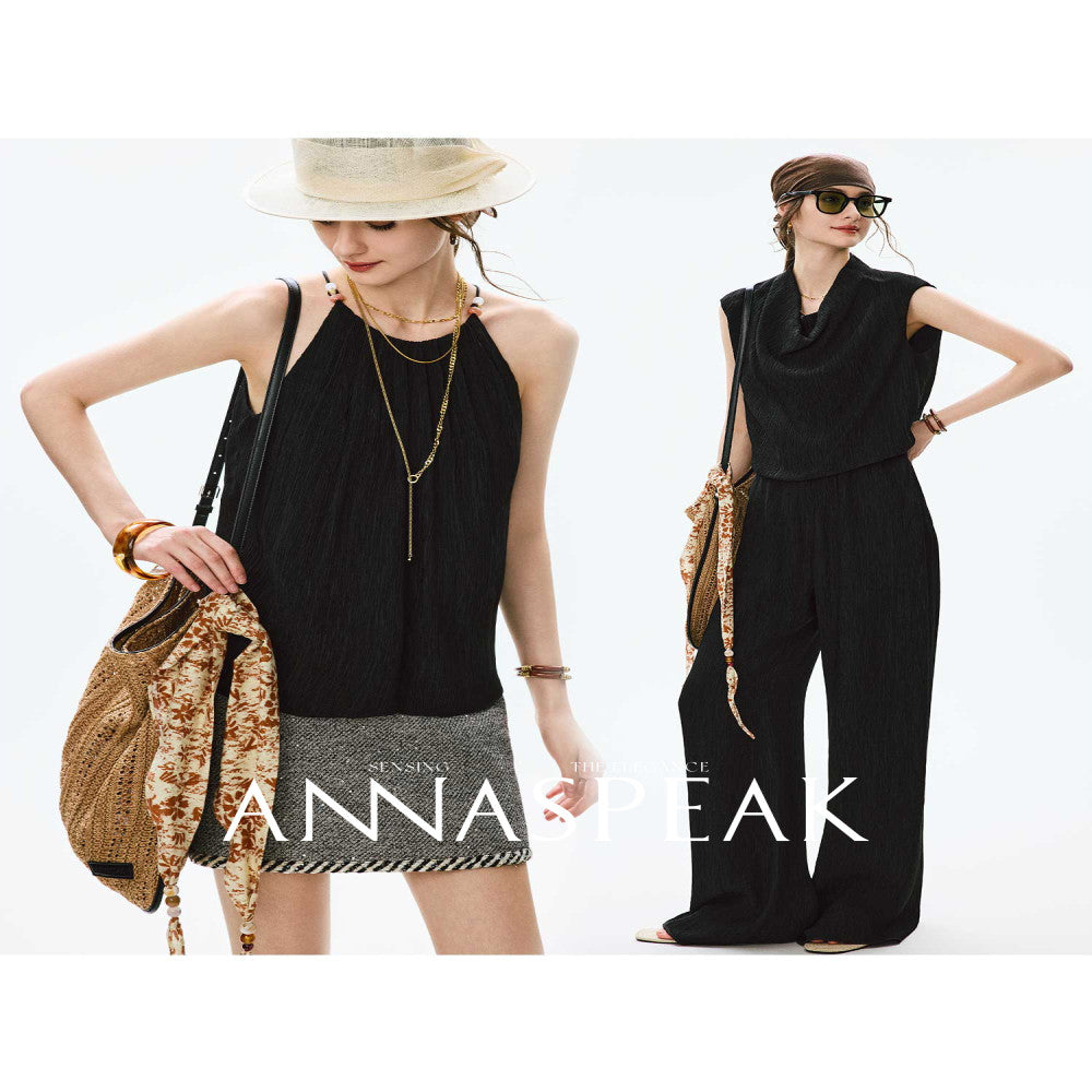 In stock ANNASPEAK lazy and casual TENCEL Lyocell collar top organ pleated suspender pants image 87