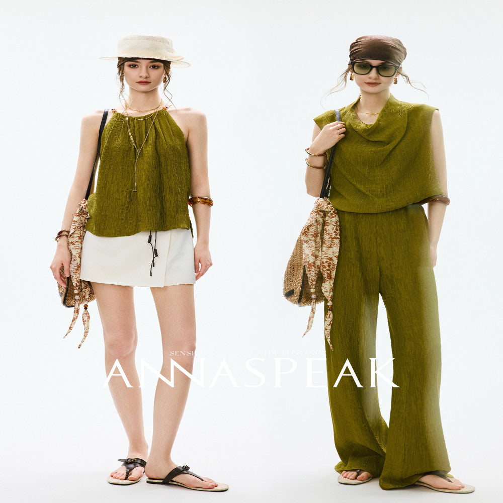 In stock ANNASPEAK lazy and casual TENCEL Lyocell collar top organ pleated suspender pants image 89