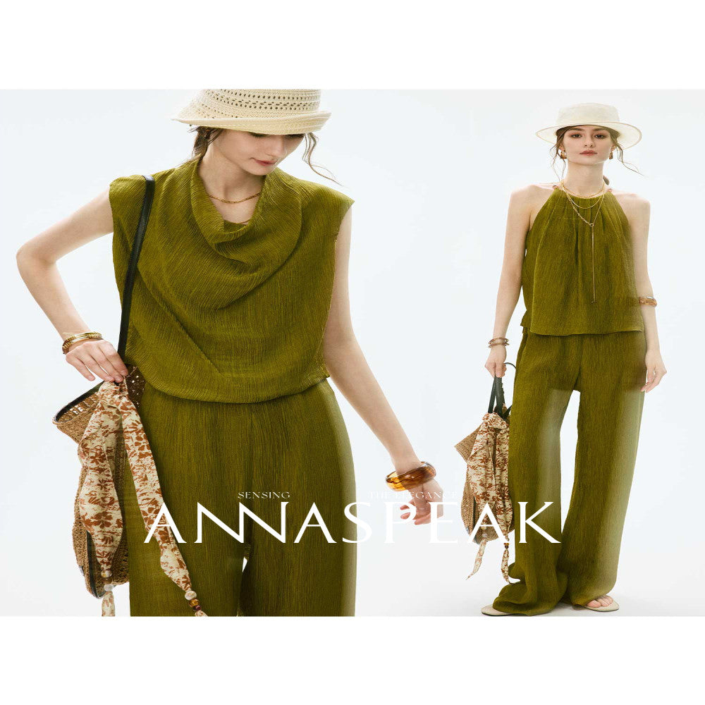 In stock ANNASPEAK lazy and casual TENCEL Lyocell collar top organ pleated suspender pants image 0