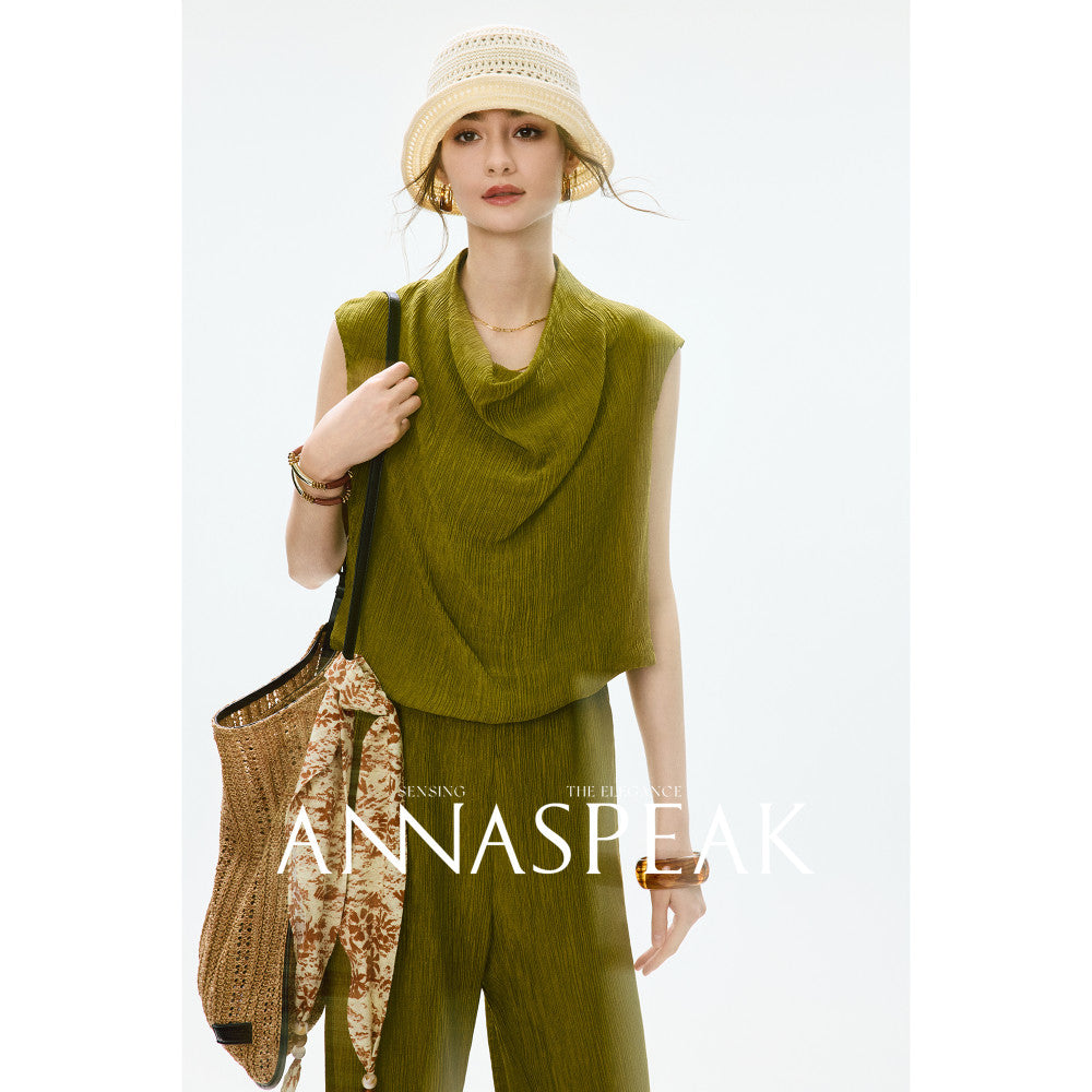 In stock ANNASPEAK lazy and casual TENCEL Lyocell collar top organ pleated suspender pants image 110