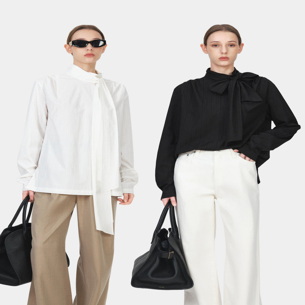 Marllen wears French retro style clothes with multiple ribbons bow ties white shirts loose casual tops for women in spring image 1