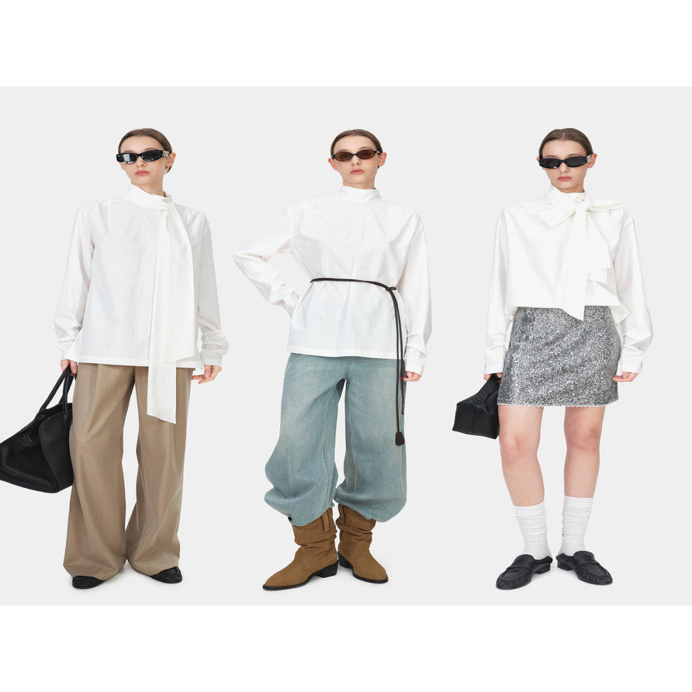 Marllen wears French retro style clothes with multiple ribbons bow ties white shirts loose casual tops for women in spring image 2