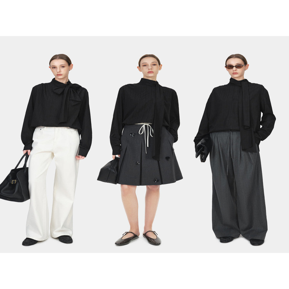 Marllen wears French retro style clothes with multiple ribbons bow ties white shirts loose casual tops for women in spring image 3