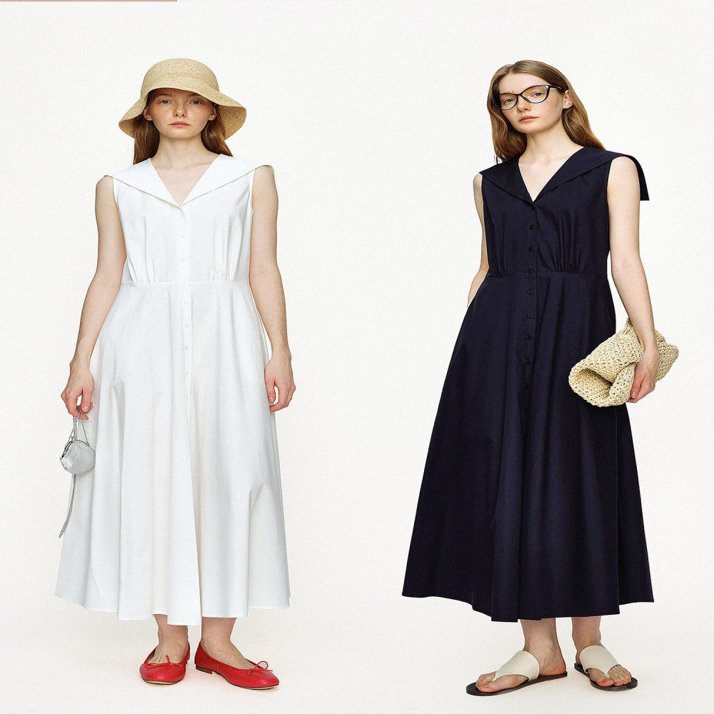 Marllen maritime charm elegant sailor collar A line waist cinched vest dress women s summer slimming and age reducing look image 1