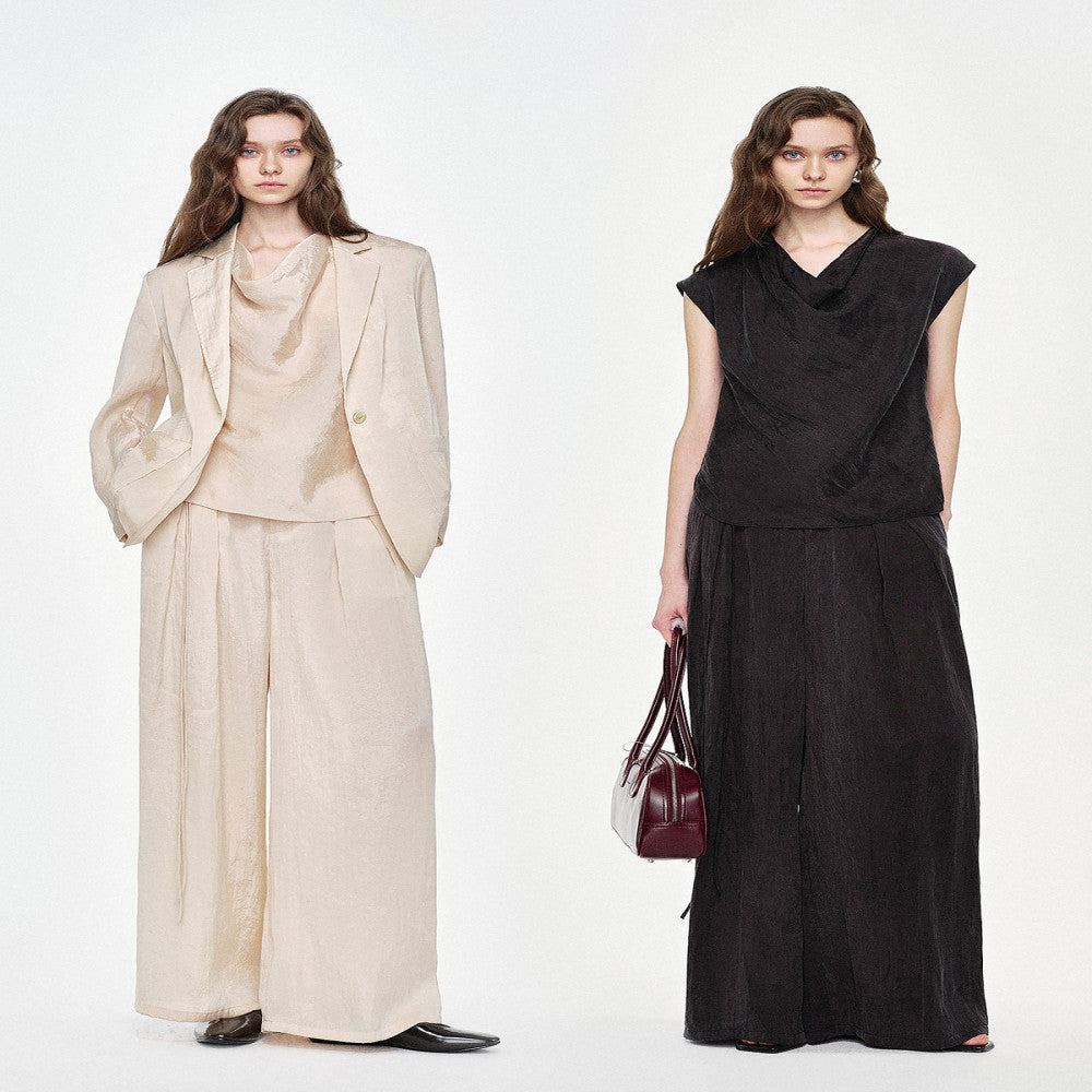 Marllen Elegant Light Suit Lazy Commuter B in Light Loose Suit Swing Collar Top Wide Leg Pants Set image 45