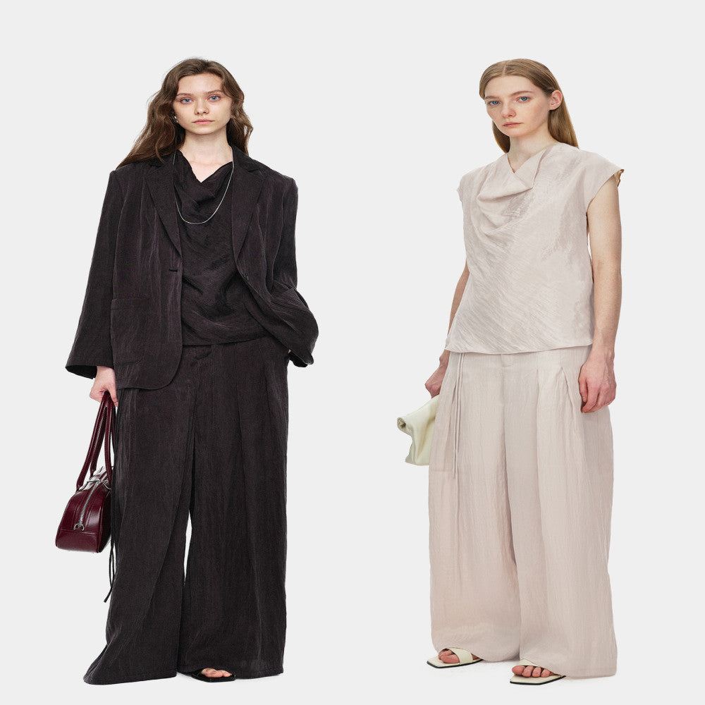 Marllen Elegant Light Suit Lazy Commuter B in Light Loose Suit Swing Collar Top Wide Leg Pants Set image 0