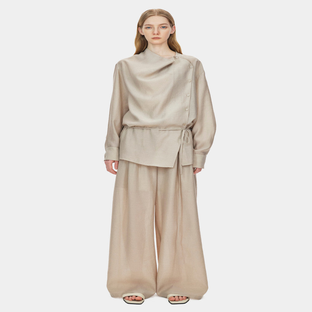 Marllen new Chinese style slightly swing collar Tencel shirt wide leg pants suit women summer image 1