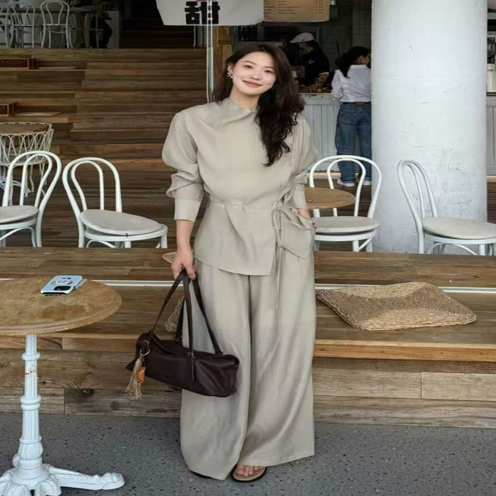 Marllen new Chinese style slightly swing collar Tencel shirt wide leg pants suit women summer image 3
