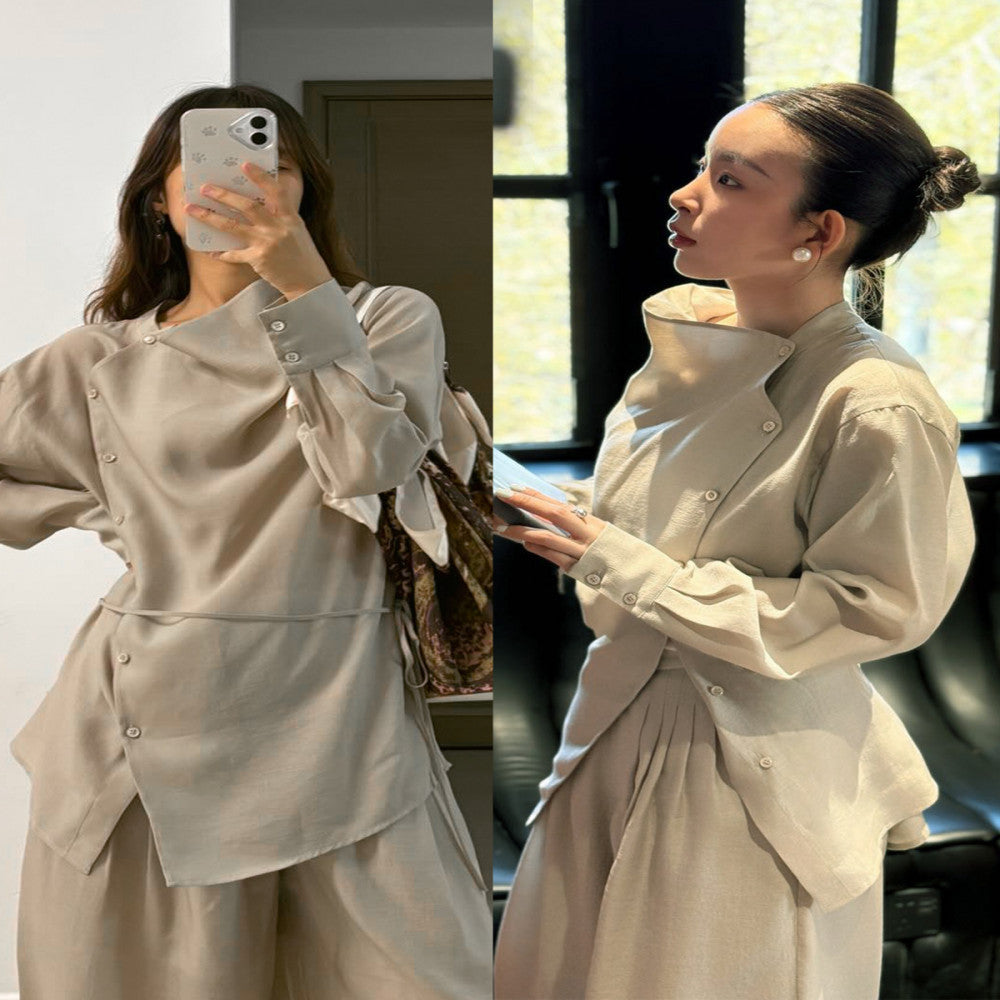 Marllen new Chinese style slightly swing collar Tencel shirt wide leg pants suit women summer image 4