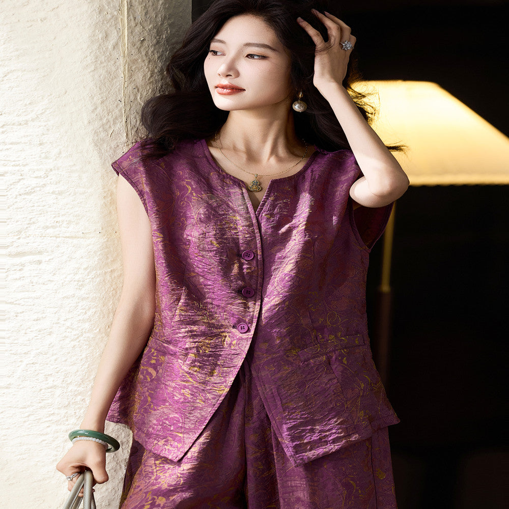 Plain wood jacquard sleeveless set for women s summer new item European station plus size women s clothing 2025 top and pants two piece set image 2