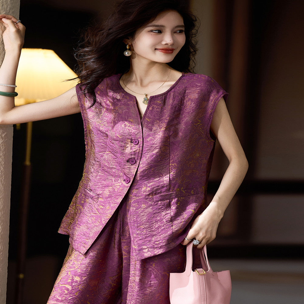 Plain wood jacquard sleeveless set for women s summer new item European station plus size women s clothing 2025 top and pants two piece set image 3