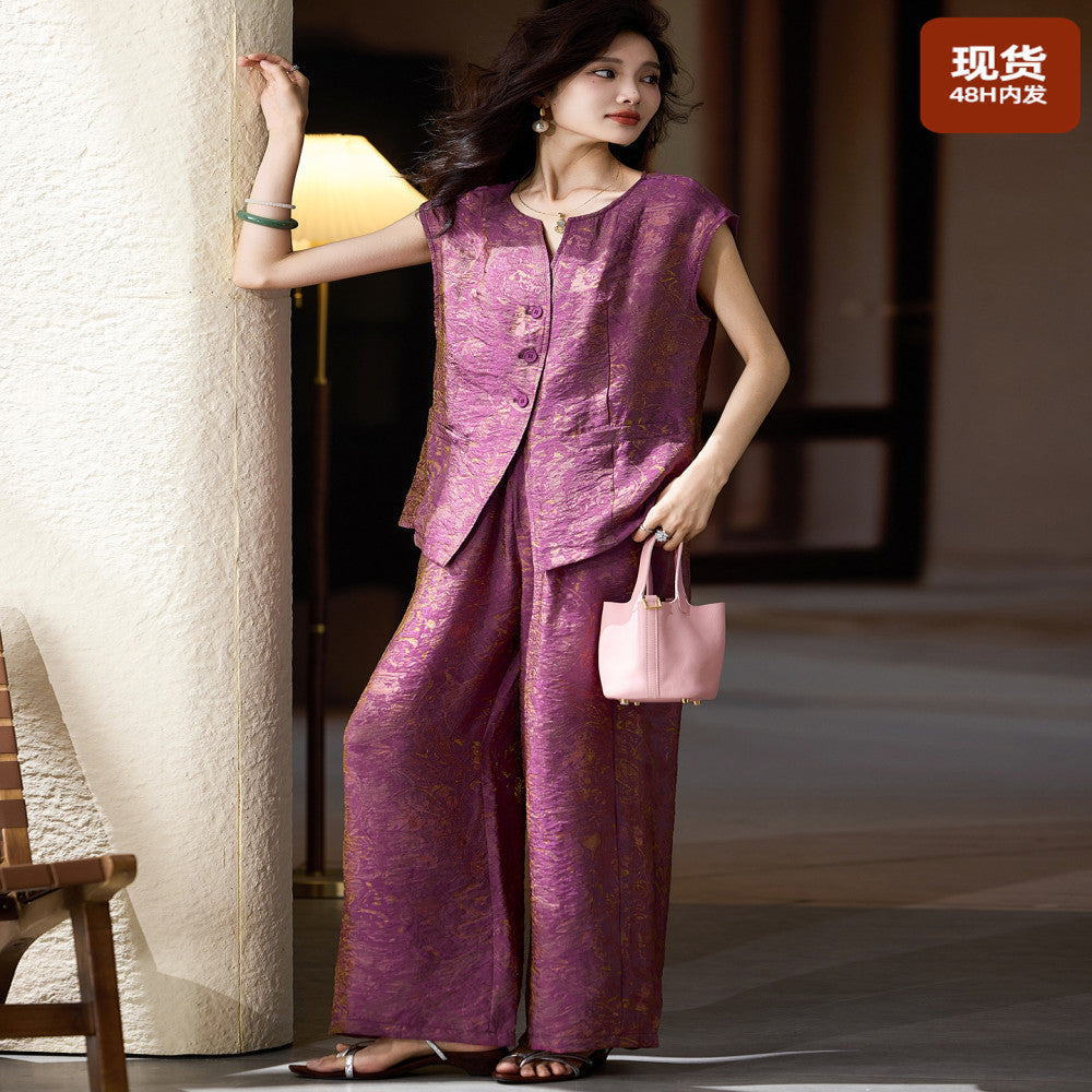 Plain wood jacquard sleeveless set for women s summer new item European station plus size women s clothing 2025 top and pants two piece set image 0