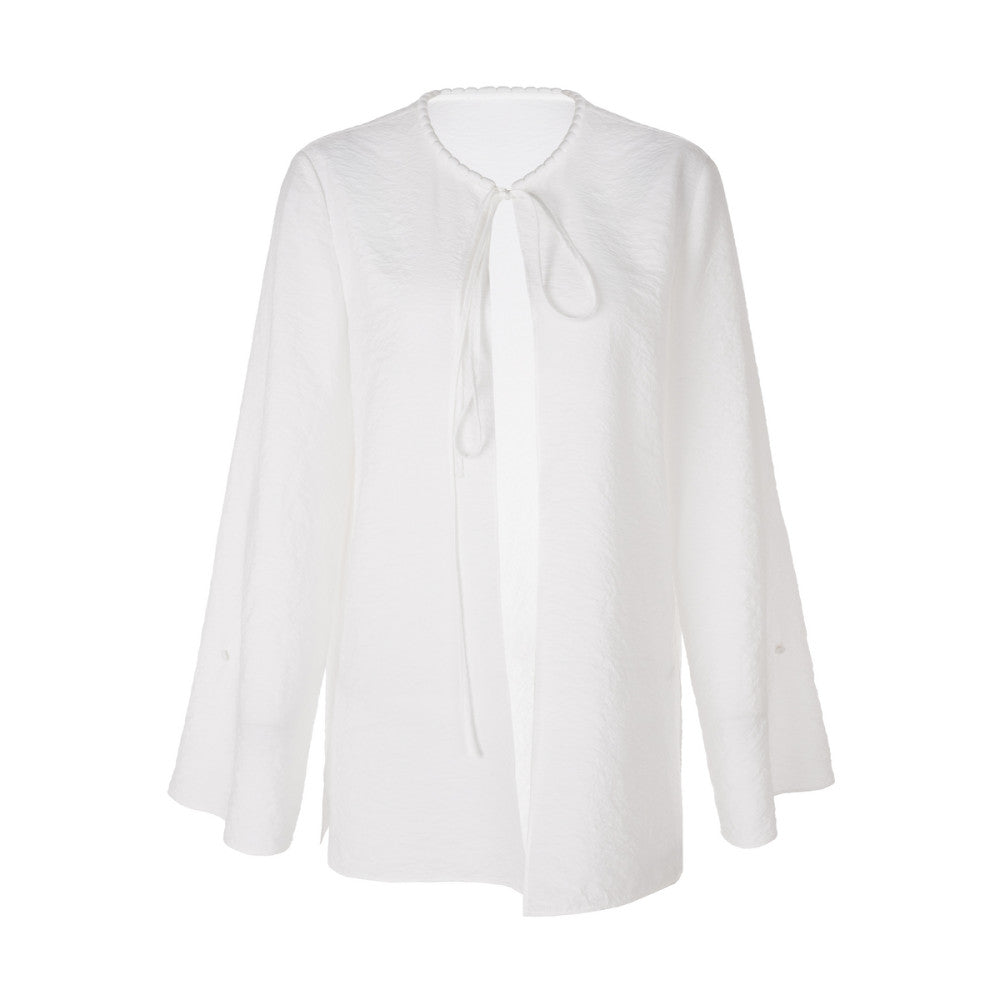 LYNEE wrinkled dry silk cardigan with mulberry silk blended trumpet sleeves simple top summer new style image 7