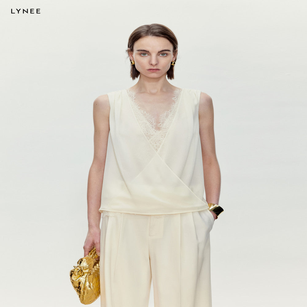 LYNEE suit with lace V neck design patchwork vest women s sleeveless versatile top autumn interior image 4