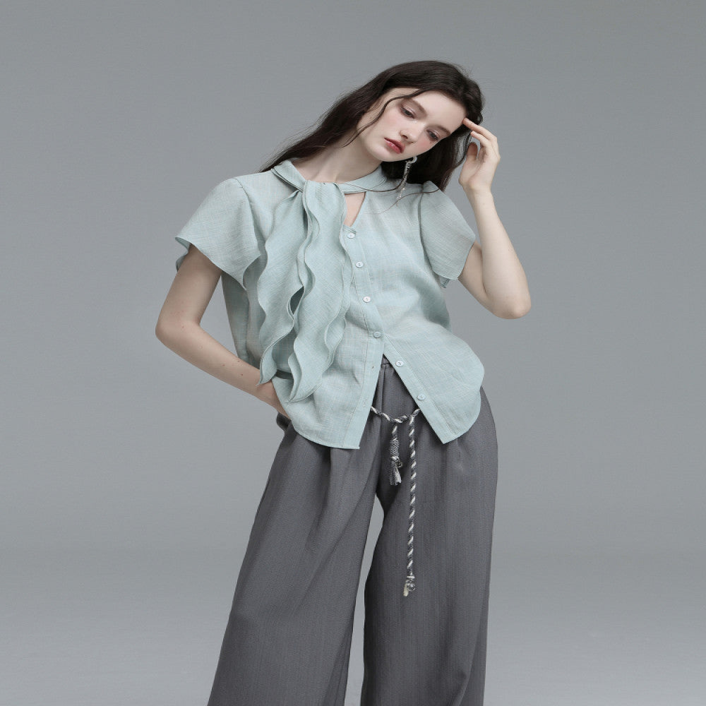 XINXINYUE dynamic aesthetic air blue cotton ruffle edge ribbon shirt image 2