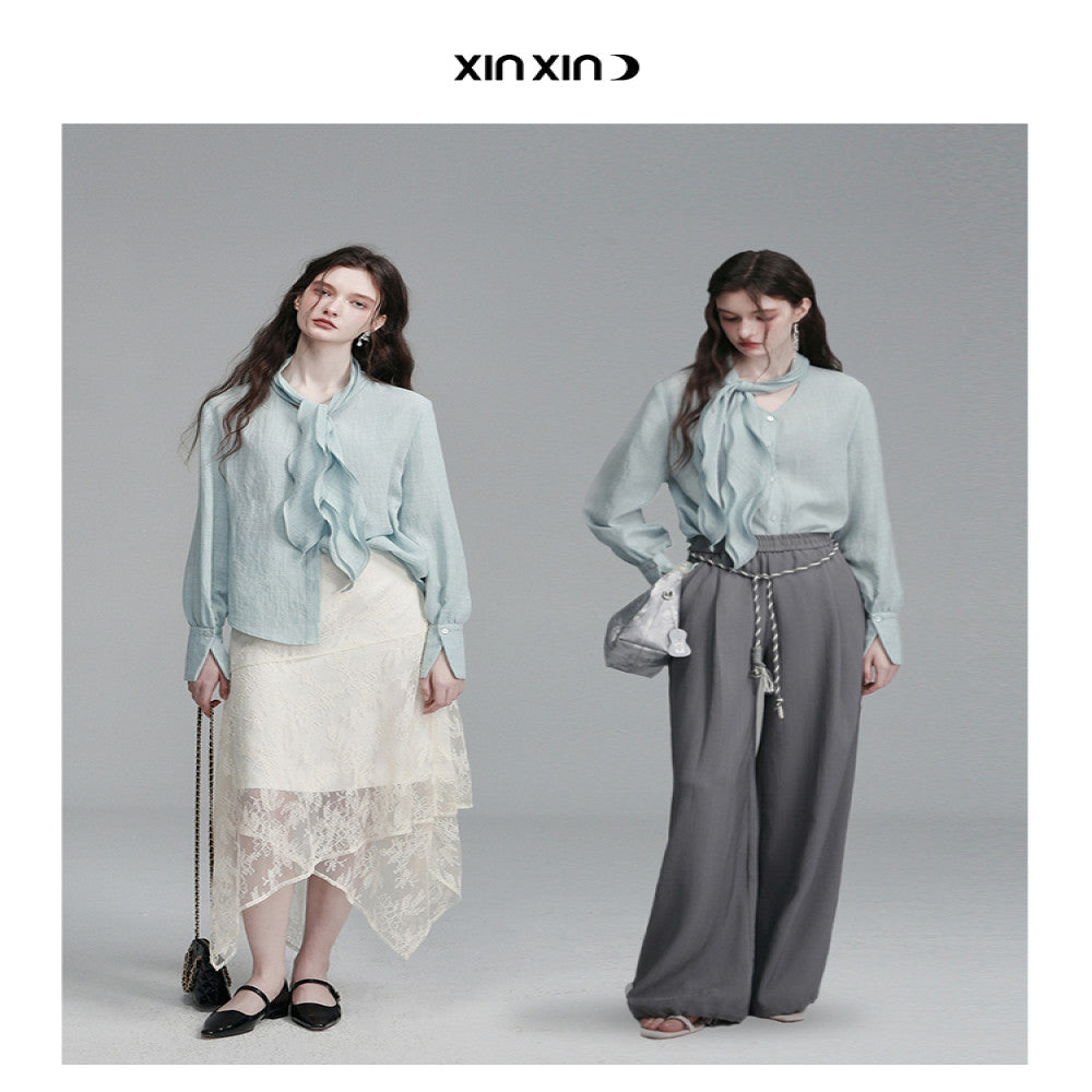 XINXINYUE dynamic aesthetic air blue cotton ruffle edge ribbon shirt image 5