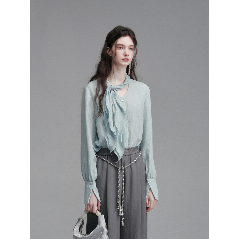 XINXINYUE dynamic aesthetic air blue cotton ruffle edge ribbon shirt image 14