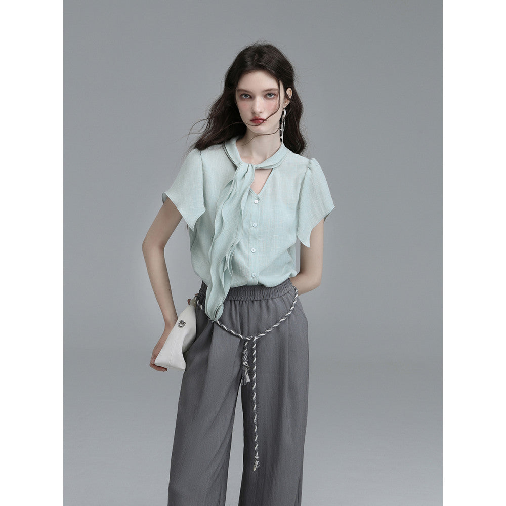 XINXINYUE dynamic aesthetic air blue cotton ruffle edge ribbon shirt image 27