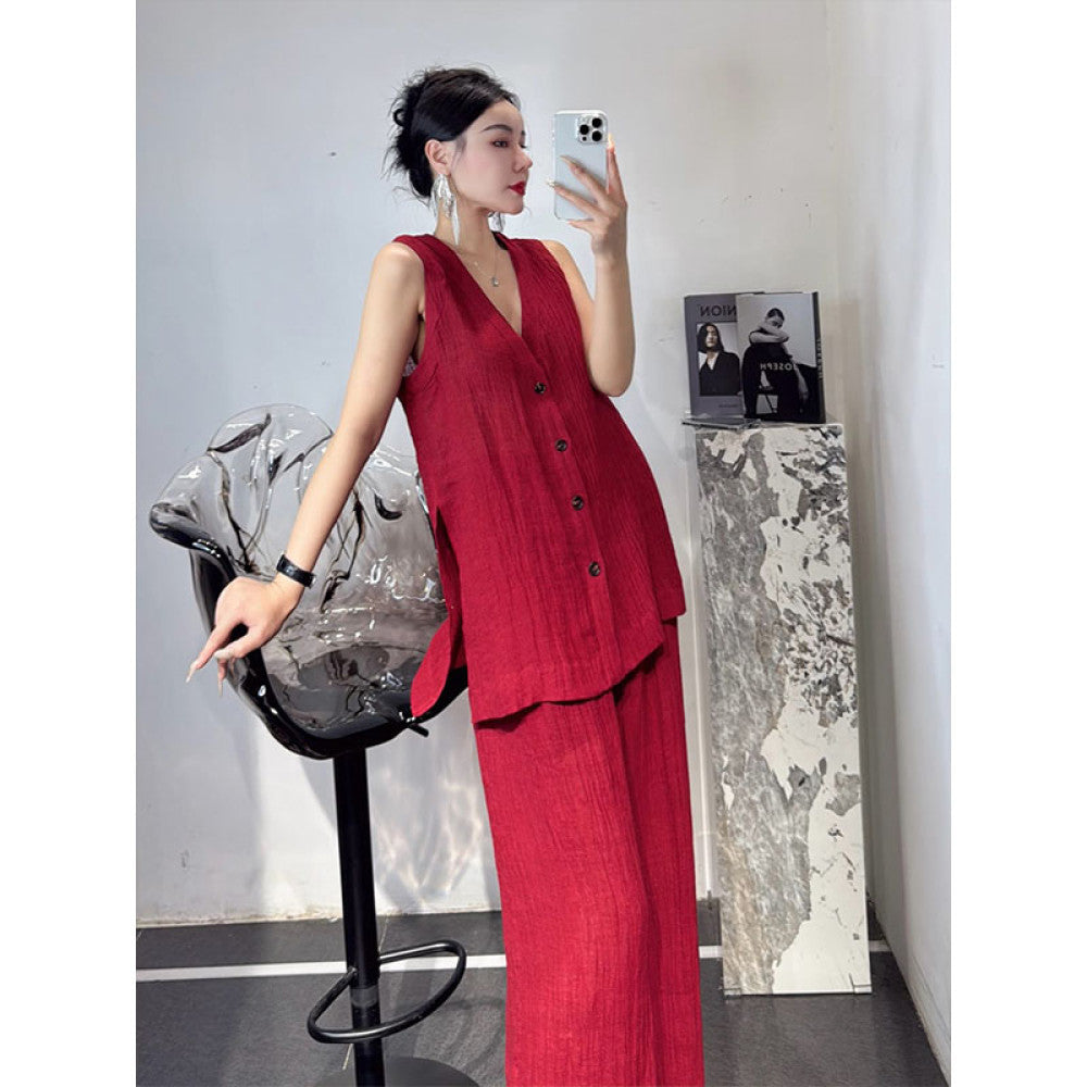 Summer outfit paired with a complete set of salt based light cooked yet stylish and luxurious red linen cotton linen set pants image 0