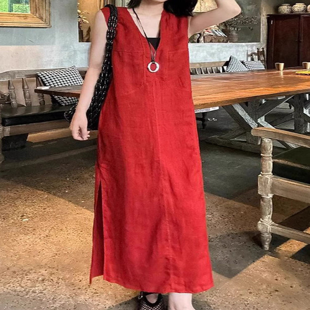 Red linen dress women s 2025 new style summer French high end simple generous decent temperament vest long skirt image 12