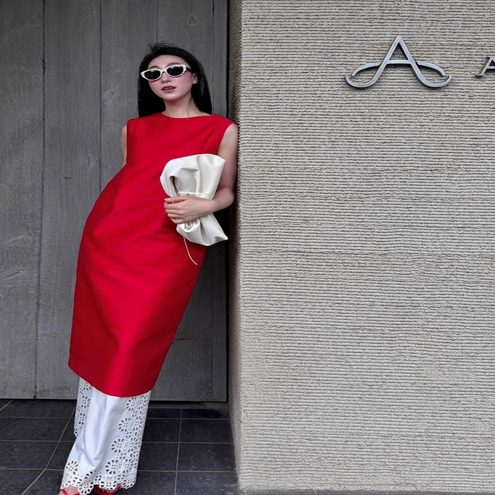 Elegant and tasteful great looking summer outfit light luxury high end feminine red dress wide leg pants two piece set image 2