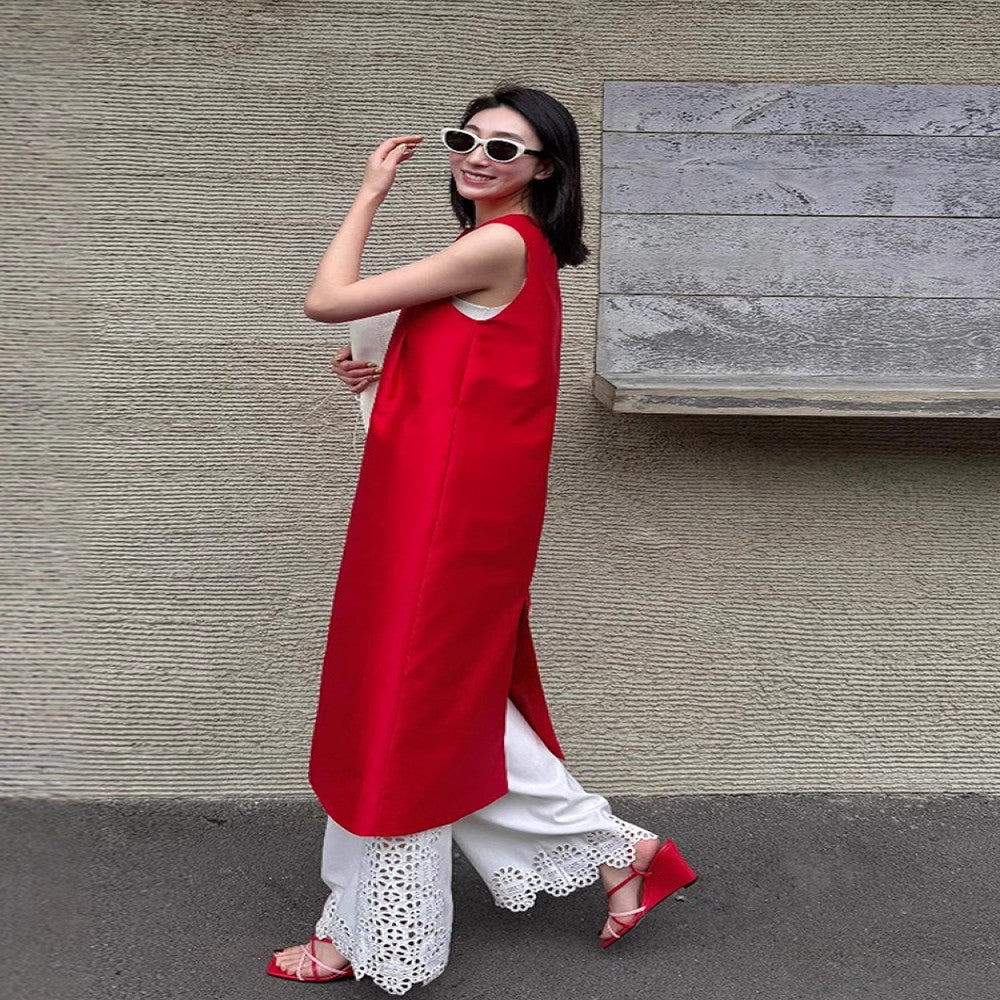 Elegant and tasteful great looking summer outfit light luxury high end feminine red dress wide leg pants two piece set image 3
