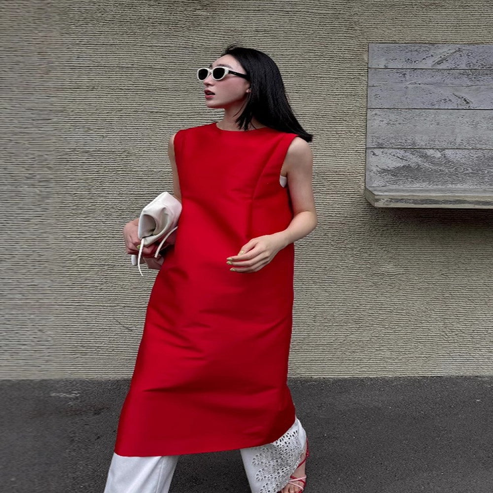 Elegant and tasteful great looking summer outfit light luxury high end feminine red dress wide leg pants two piece set image 4