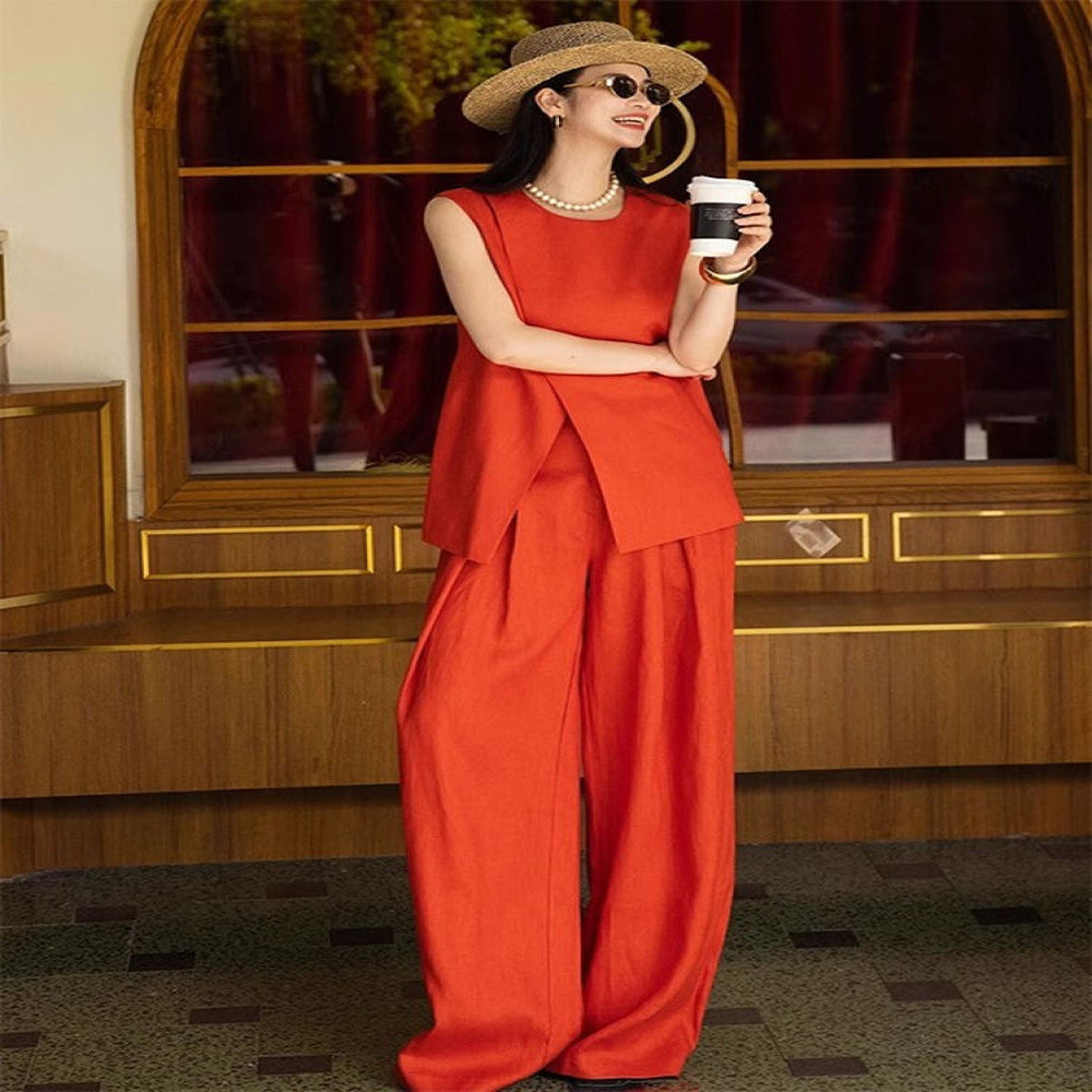 Great looking small fragrance professional suit for women in summer 2025 new high end red vest wide leg pants two piece set image 2