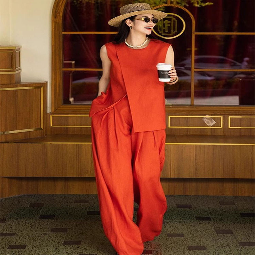 Great looking small fragrance professional suit for women in summer 2025 new high end red vest wide leg pants two piece set image 3