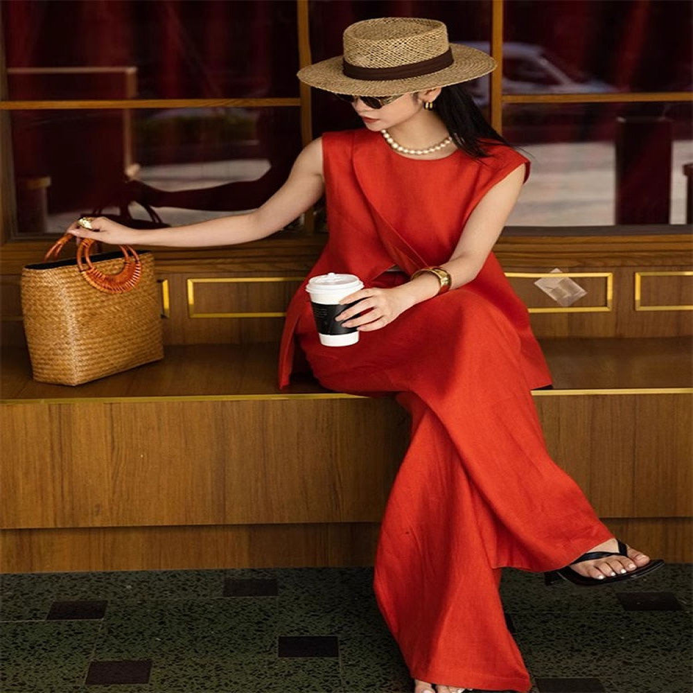 Great looking small fragrance professional suit for women in summer 2025 new high end red vest wide leg pants two piece set image 4