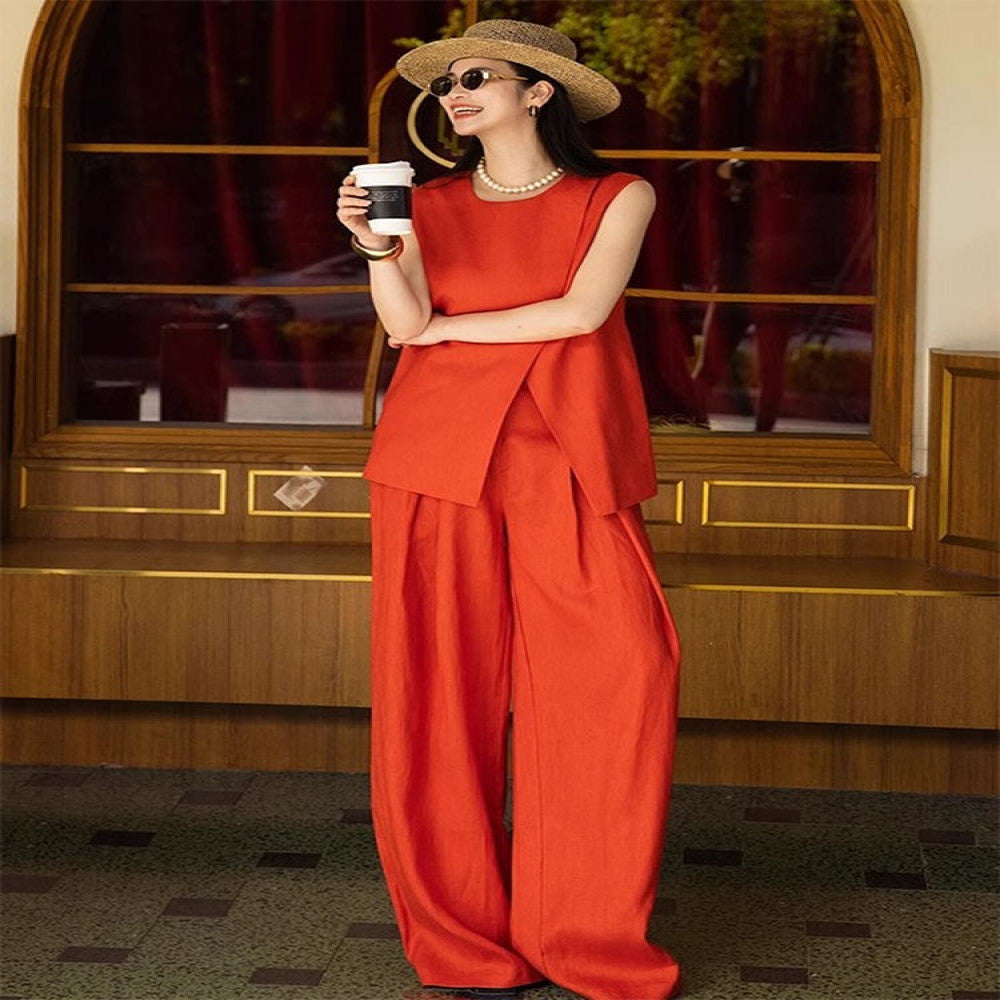 Great looking small fragrance professional suit for women in summer 2025 new high end red vest wide leg pants two piece set image 5