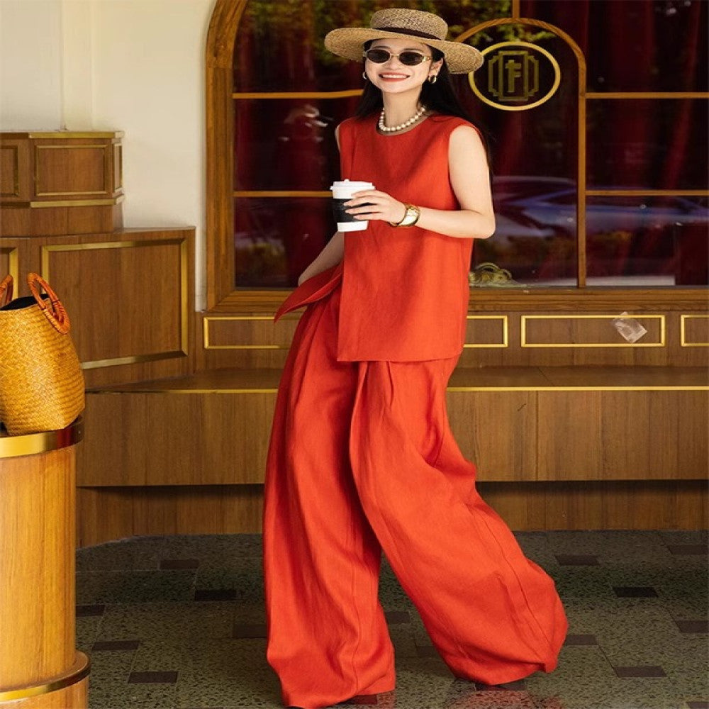 Great looking small fragrance professional suit for women in summer 2025 new high end red vest wide leg pants two piece set image 11