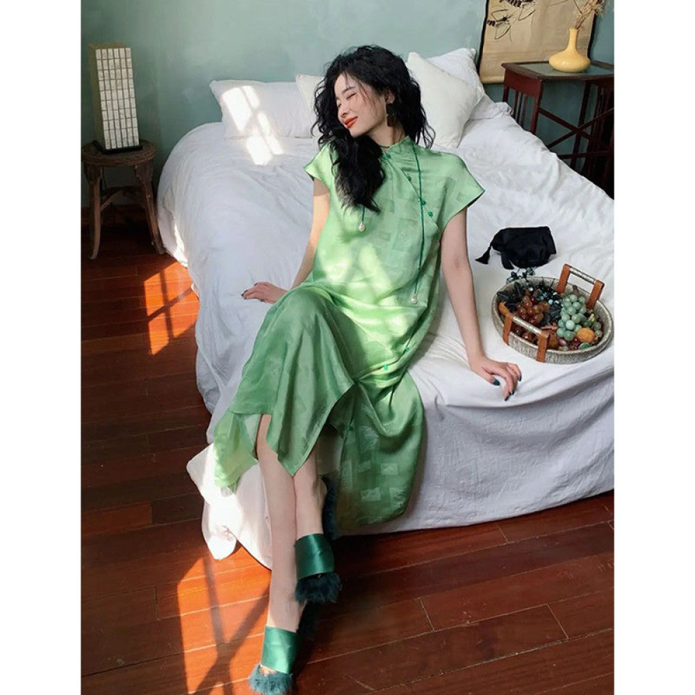 Morning Robe Female Bride Improved Loose Cheongsam 2025 New Chinese Style Green Dress Summer Zen Tea Dress image 1