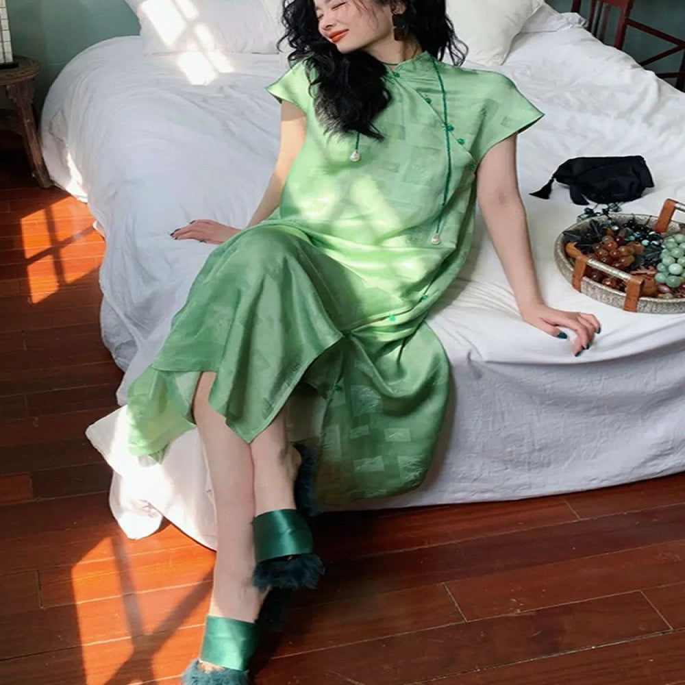 Morning Robe Female Bride Improved Loose Cheongsam 2025 New Chinese Style Green Dress Summer Zen Tea Dress image 4