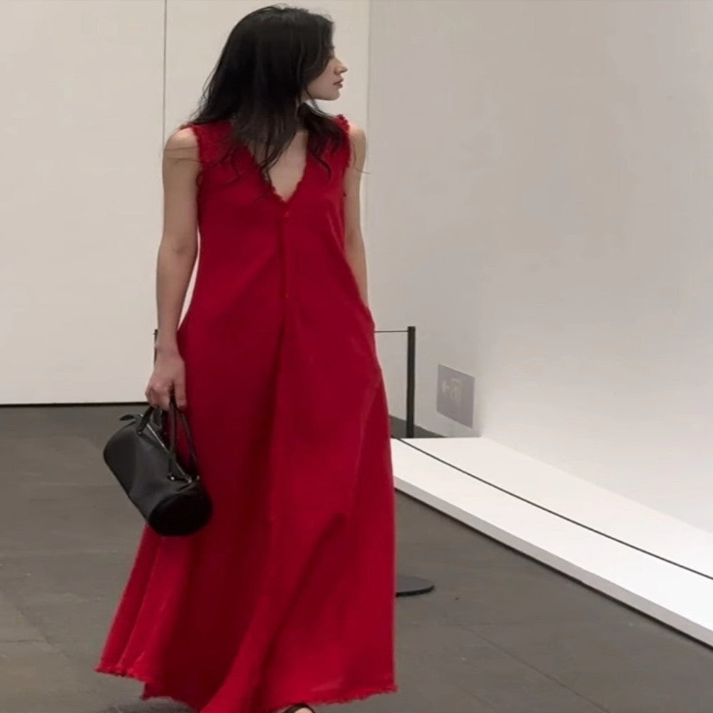 French petite bourgeoisie simple and elegant high end red vest dress autumn women 2025 new style temperament waist pinching long skirt image 0