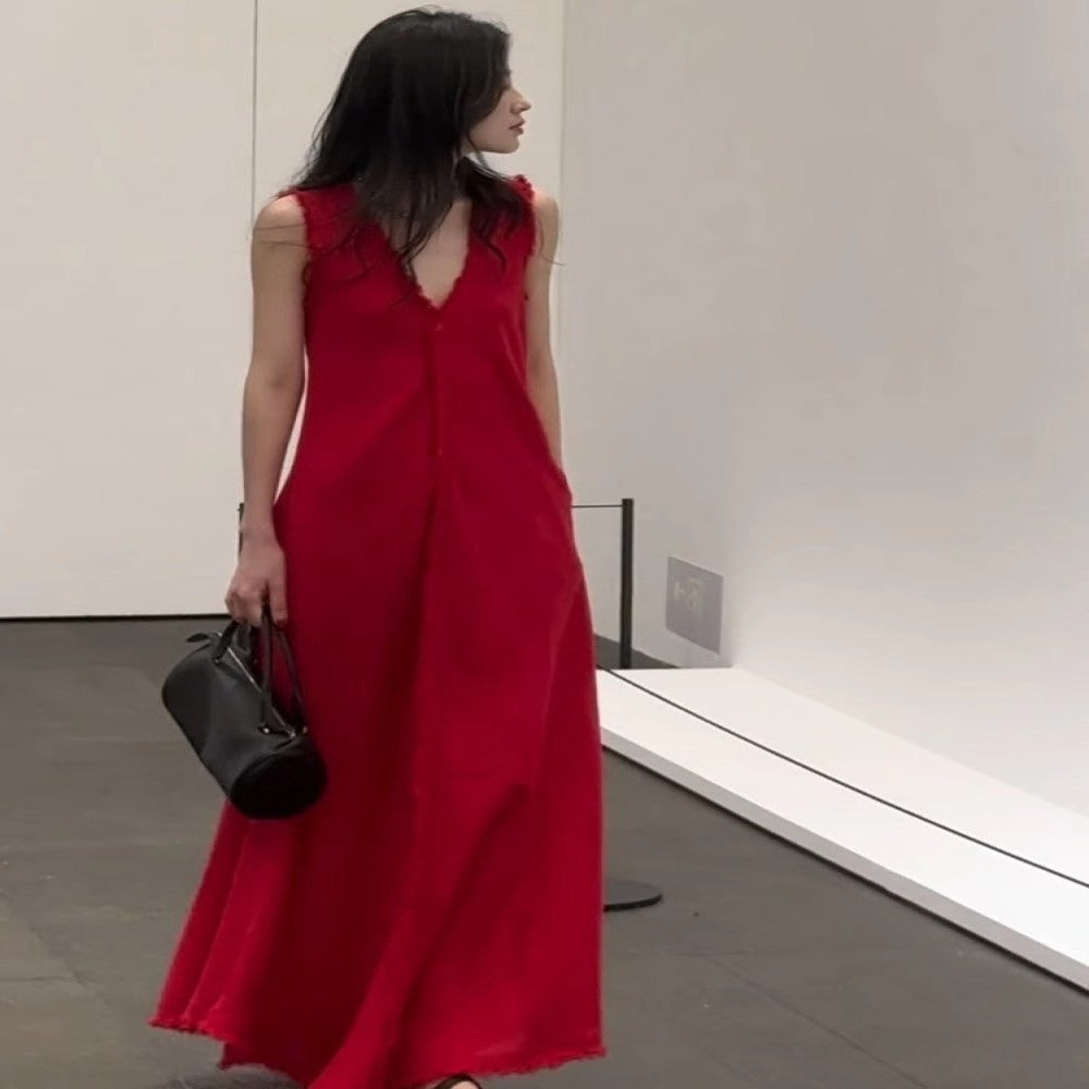 French petite bourgeoisie simple and elegant high end red vest dress autumn women 2025 new style temperament waist pinching long skirt image 12