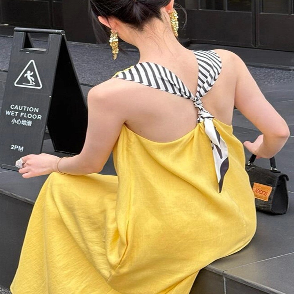 Summer super beautiful yellow linen dress 2025 new style this year s popular explosive temperament V neck vest dress image 4