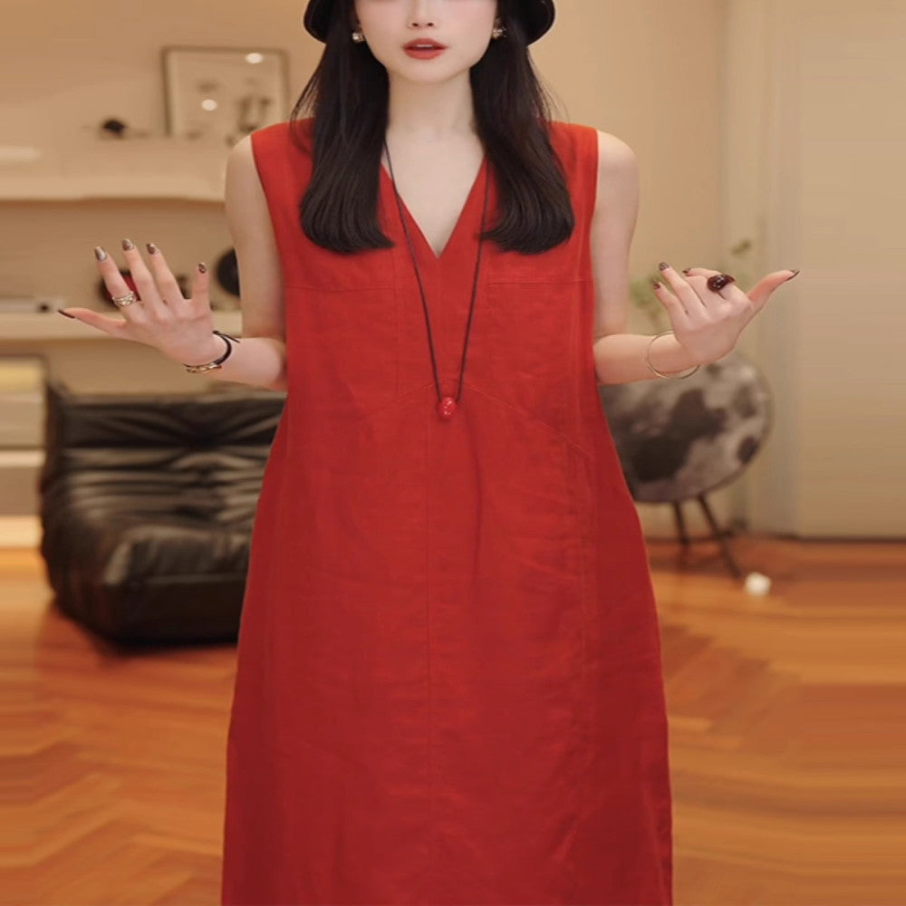 Red linen vest dress for women in summer new high end loose fitting women s long dress with temperament women s cotton and linen dress image 0