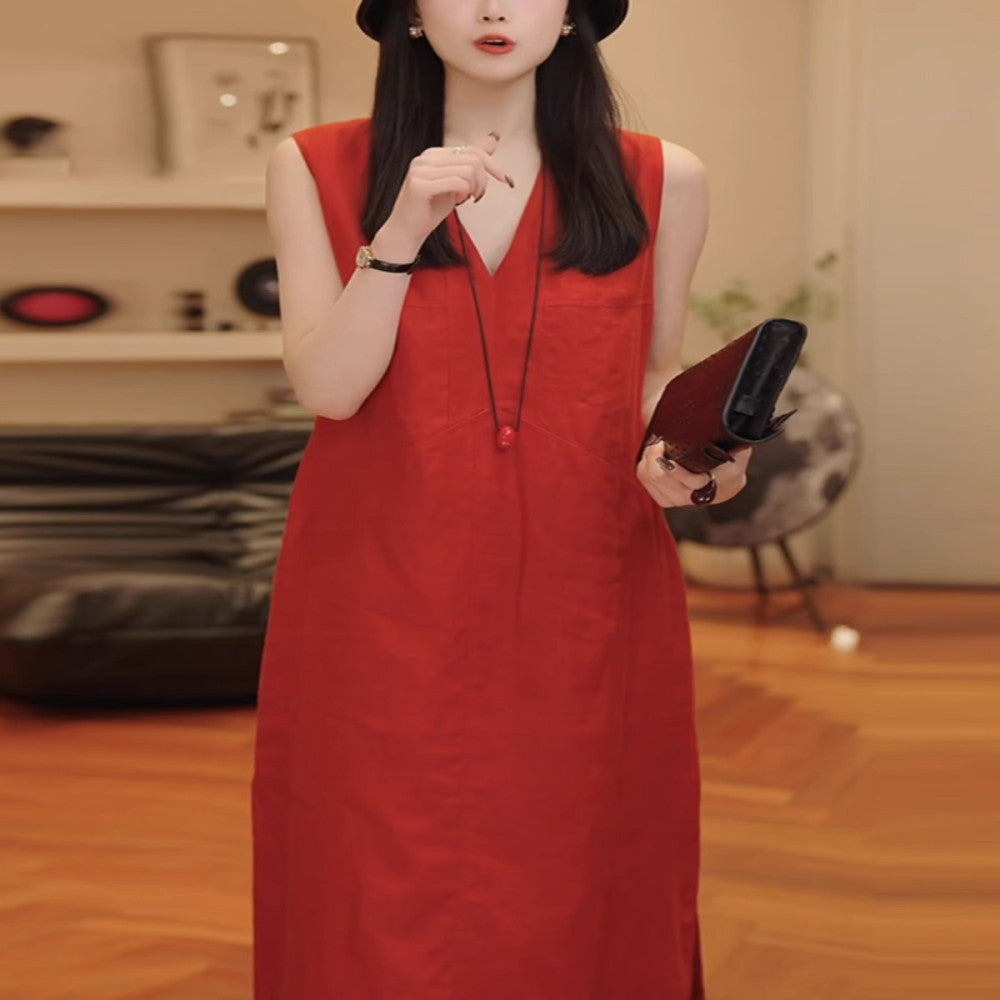 Red linen vest dress for women in summer new high end loose fitting women s long dress with temperament women s cotton and linen dress image 12
