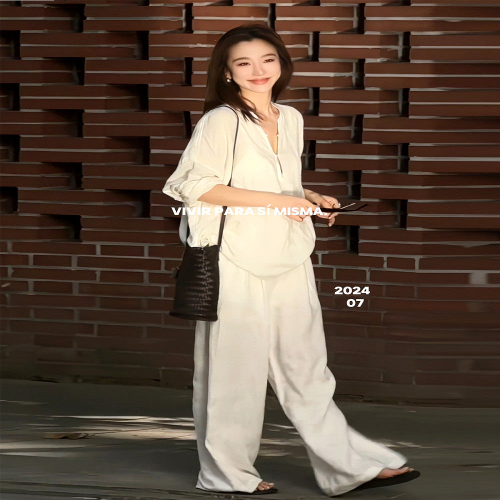 White fashionable loose casual drawstring 2025 summer new versatile casual pants with relaxed temperament high end set image 2