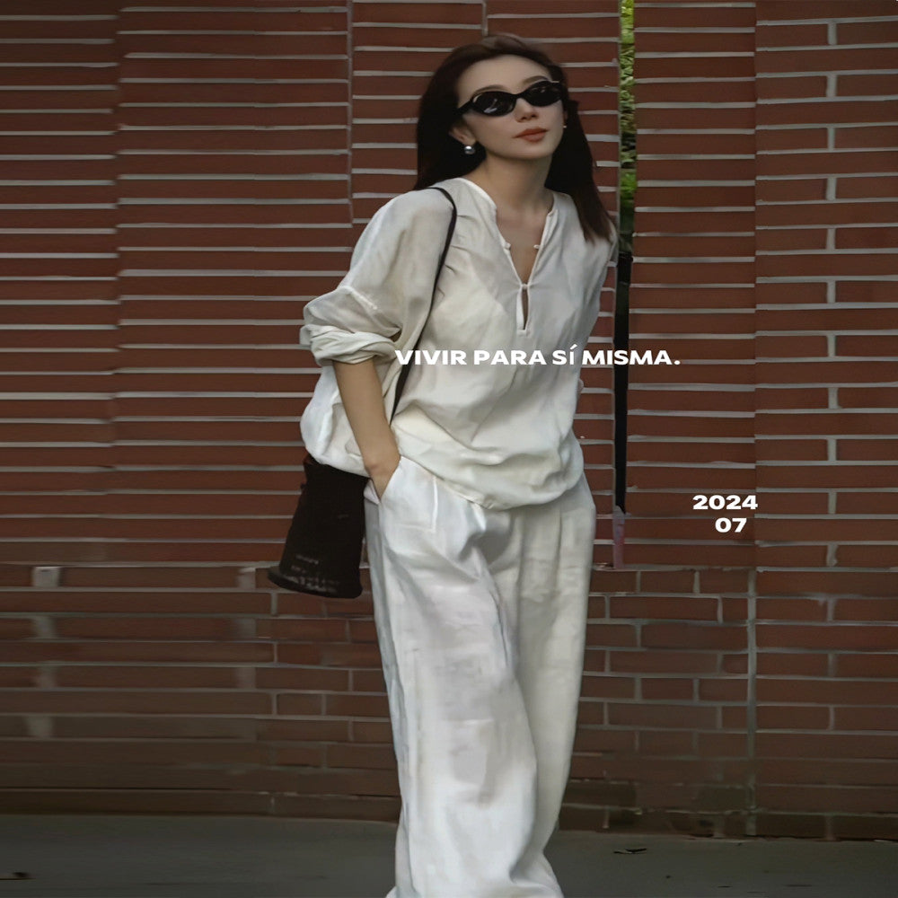 White fashionable loose casual drawstring 2025 summer new versatile casual pants with relaxed temperament high end set image 5