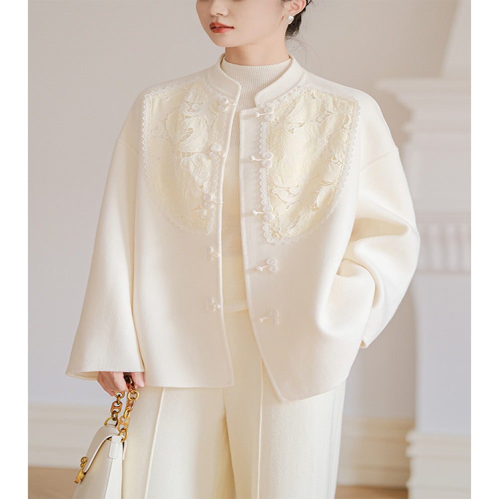 Shan colored 2025 early spring new Chinese style design sense lace double sided woolen coat double sided woolen coat short coat image 1